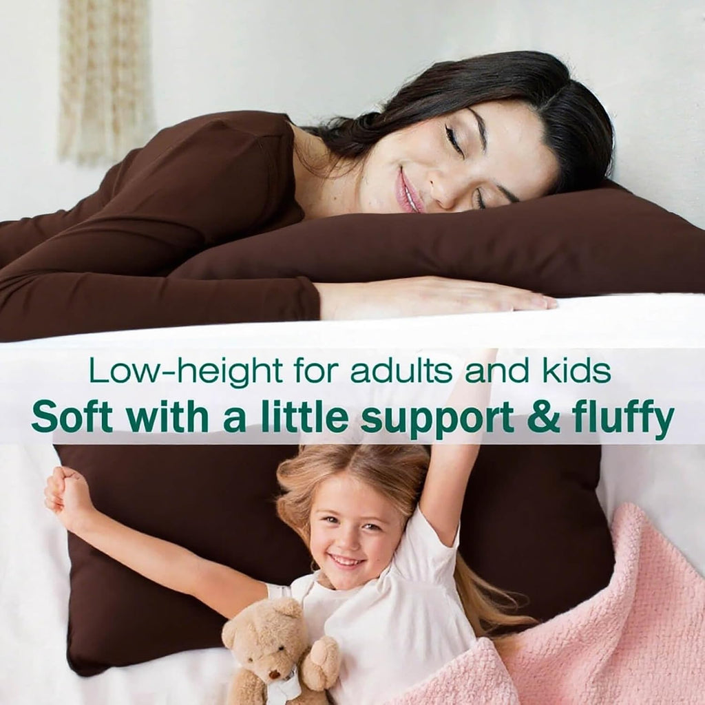 Flat Ultra Thin Bed Pillows Standard/Queen Size Pillow Set of 2 Extra Soft Down Alternative for Stomach Back Sleeper Coffee Brown