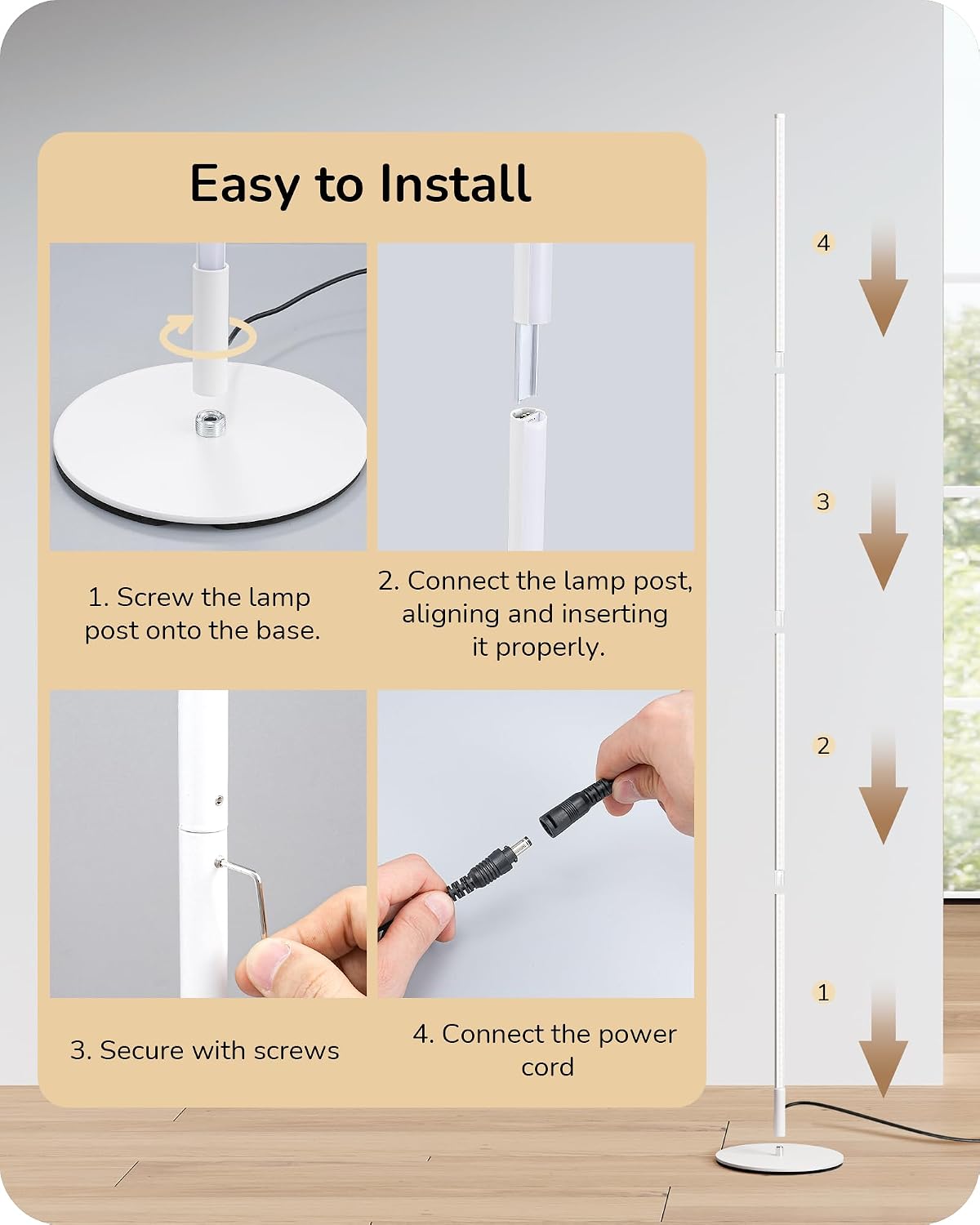 Edishine 59.8" Corner Floor Lamp, White Floor Lamp with Remote, 3 Height Settings, 3 Color Temperature & Stepless Dimming, Foot Switch, Sli…