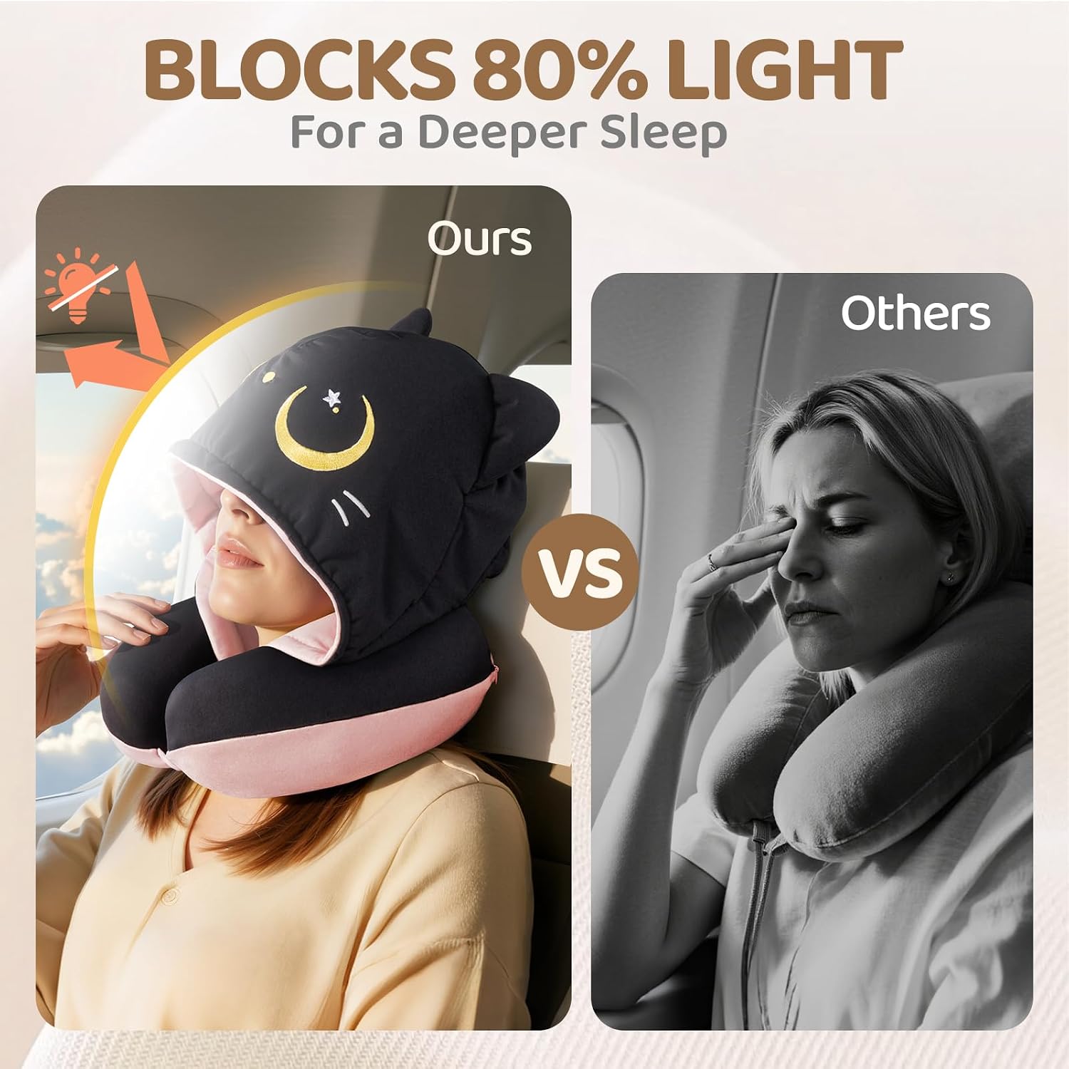 Mewaii Travel Neck Pillow with Hood for Airplanes, Memory Foam, Breathable Ice Silk & Soft Velvet, Double-Sided, Removable to…
