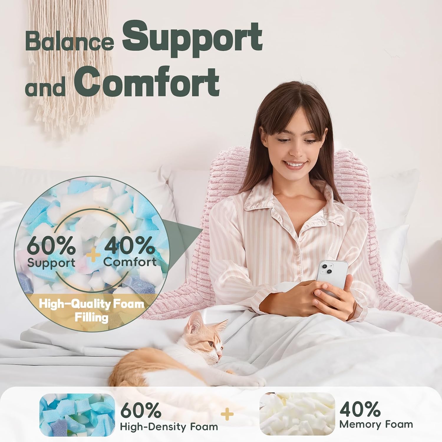 Luisof 21" Higher Large Reading Pillow for Bed Adult, Back Pillow for Bed Sitting Up with Memory Foam Back Support with Arms Rest for Couch…