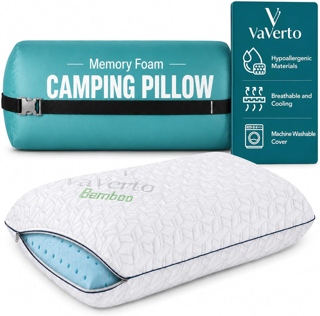 Vaverto Small Memory Foam Bed Pillow for Camping - Compressible Medium Firm, Breathable Cover, Machine Washable, Ideal Backpacking