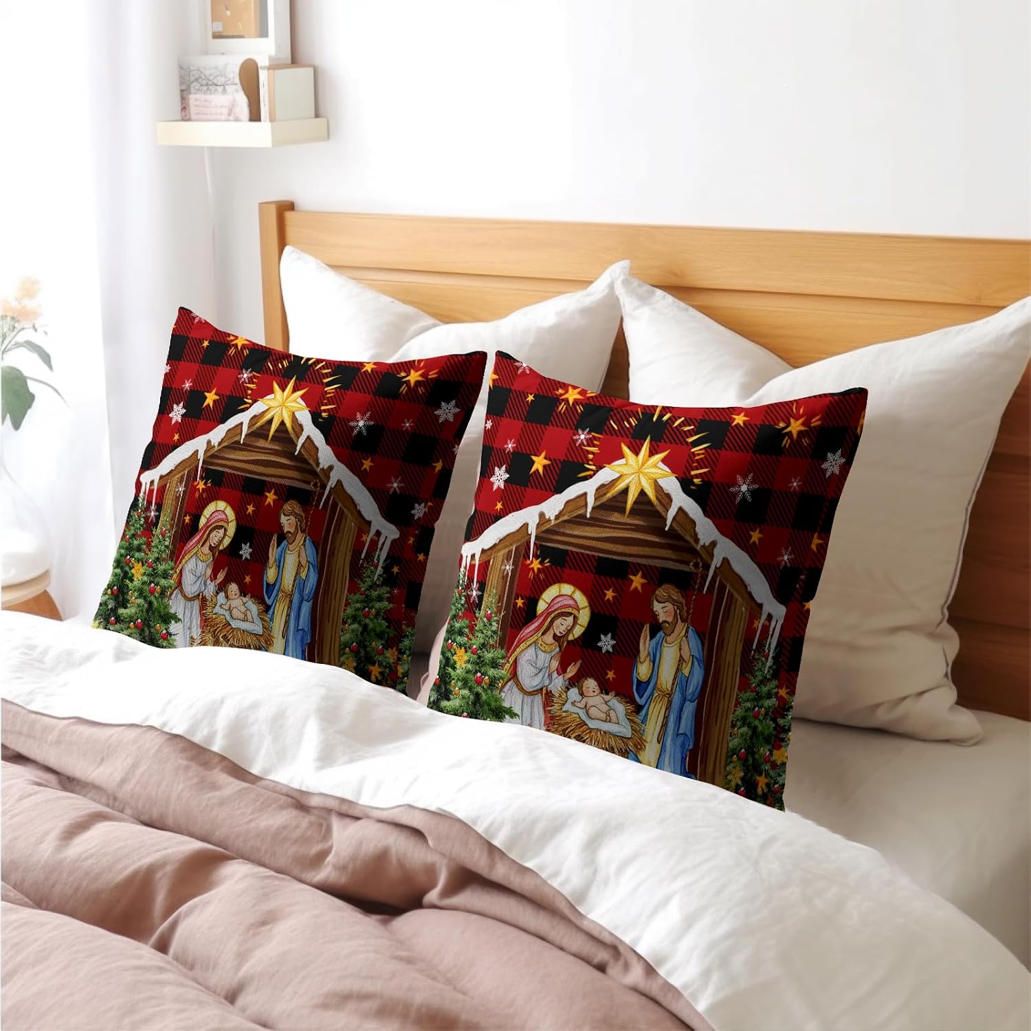 Jesus Nativity Throw Pillow Cover 16x16 Inch Set of 2 Xmas Red Buffalo Plaid Pillow Case Christma O Holy Night Winter Holiday Cushion…