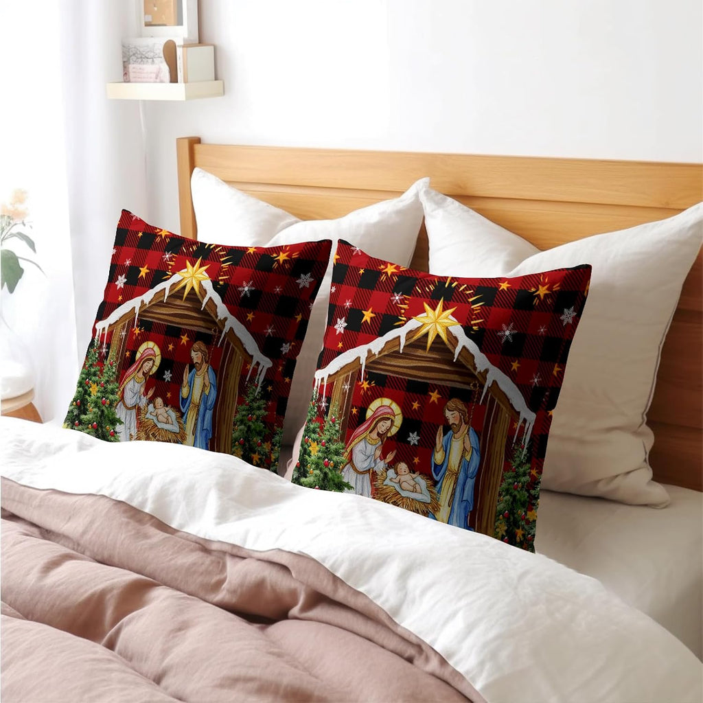 Jesus Nativity Throw Pillow Cover 24x24 Inch Set of 2 Xmas Red Buffalo Plaid Pillow Case Christma O Holy Night Winter Holiday Cushion…