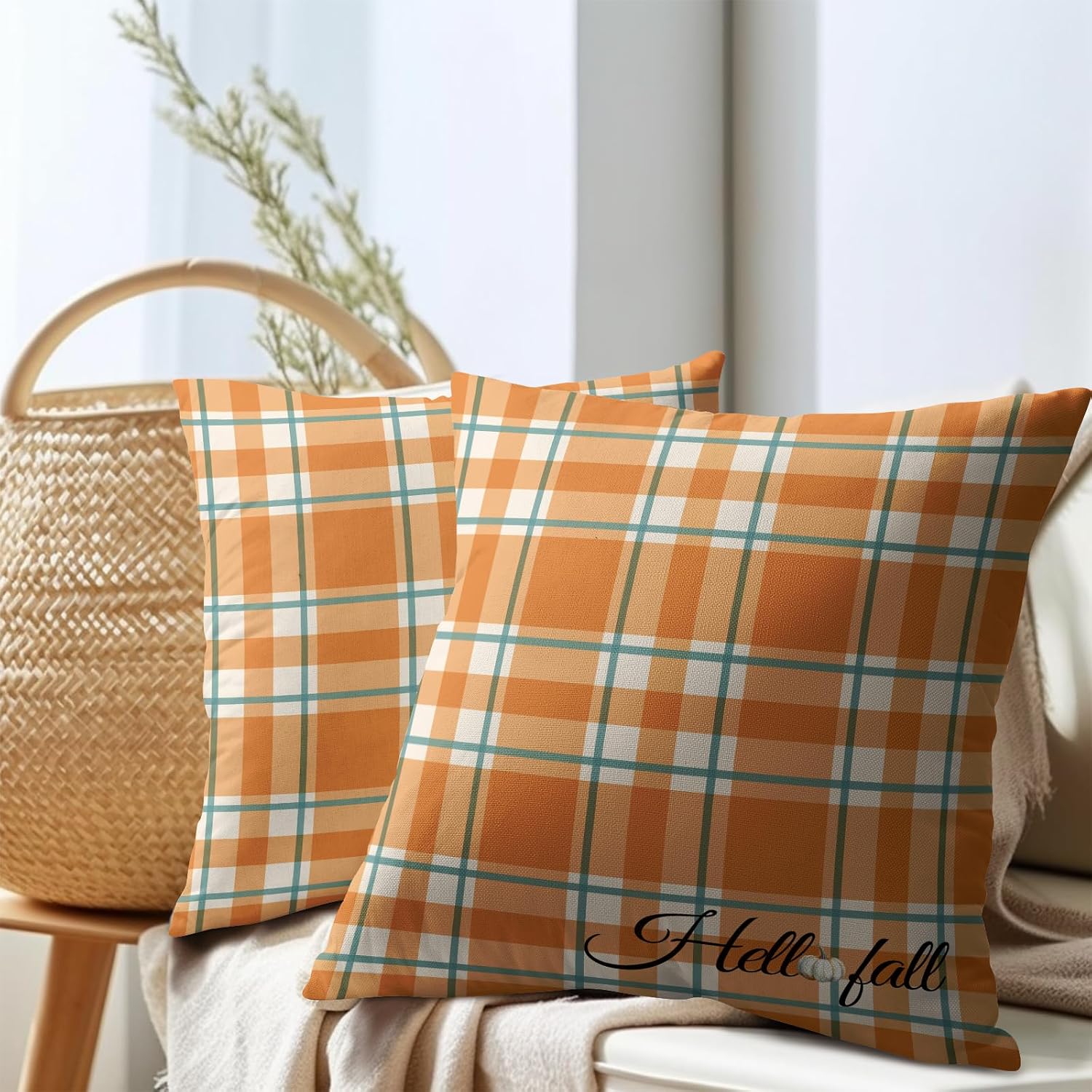 Orange Stripe Fall Throw Pillow Cover 18x18 Inch Set of 2 Hello Fall Stripes Buffalo Plaid Decorative Pillow Protector Pumpkin Autumn…