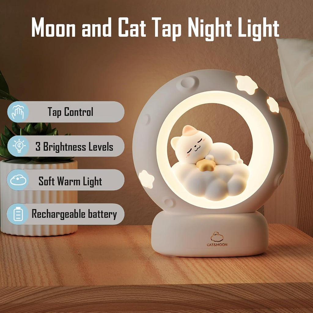 Moon and Cat Rechargeable Night Light, Safe PVC and ABS Material, 3 Brightness Levels, Tap Control, Warm Light, Toddler Sleeping Lamp…