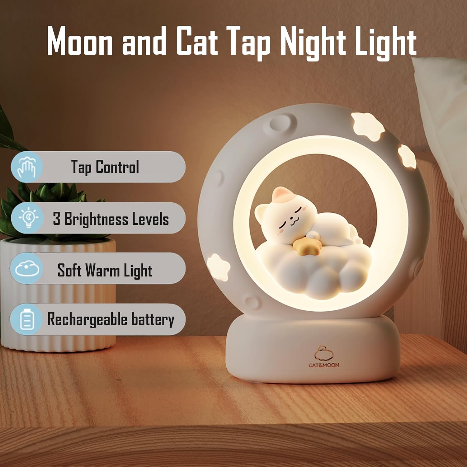 Moon and Cat Rechargeable Night Light, Safe PVC and ABS Material, 3 Brightness Levels, Tap Control, Warm Light, Toddler Sleeping Lamp…
