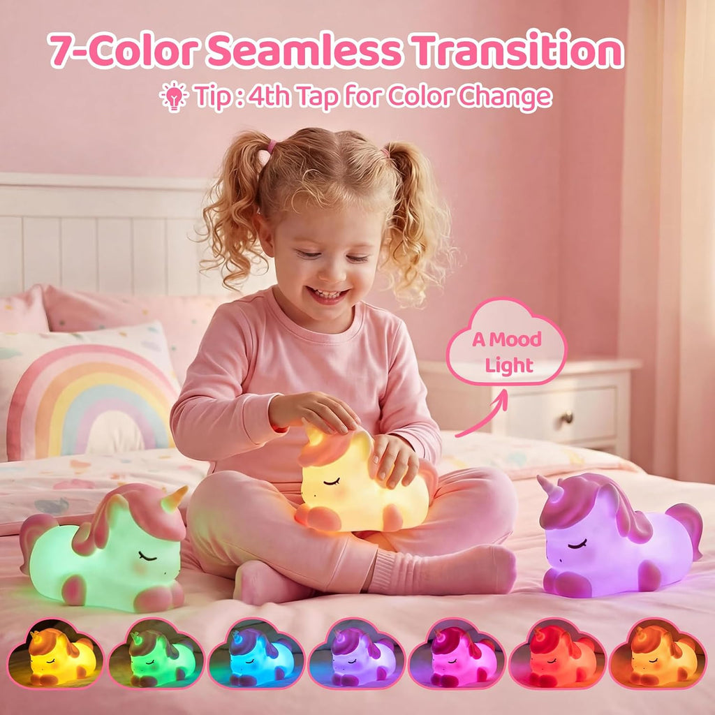 Mewaii Cloud Unicorn Night Light for Kids-Wireless Charging Cloud Base, 3-Level Dimmable 7-Color Changing & 30-Min Timer, Portable Girls Ni…