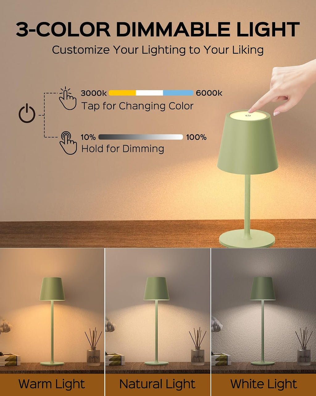 Cordless Table Lamps Rechargeable, 3 Adjustable Height, 5000mAh Battery Operated, 3 Colors Smooth Dimming, Portable LED Waterproof Table…