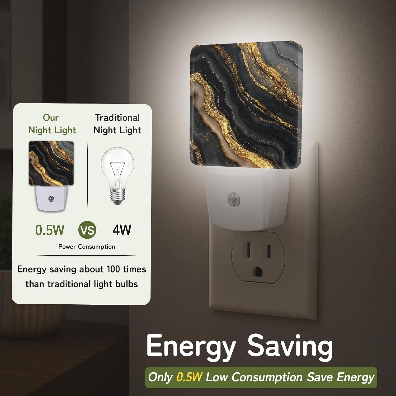 Black Gold Marble Night Lights Plug into Wall, Night Light with Dusk to Dawn Sensor for Bedroom Bathroom Kitchen Hallway Stairs…