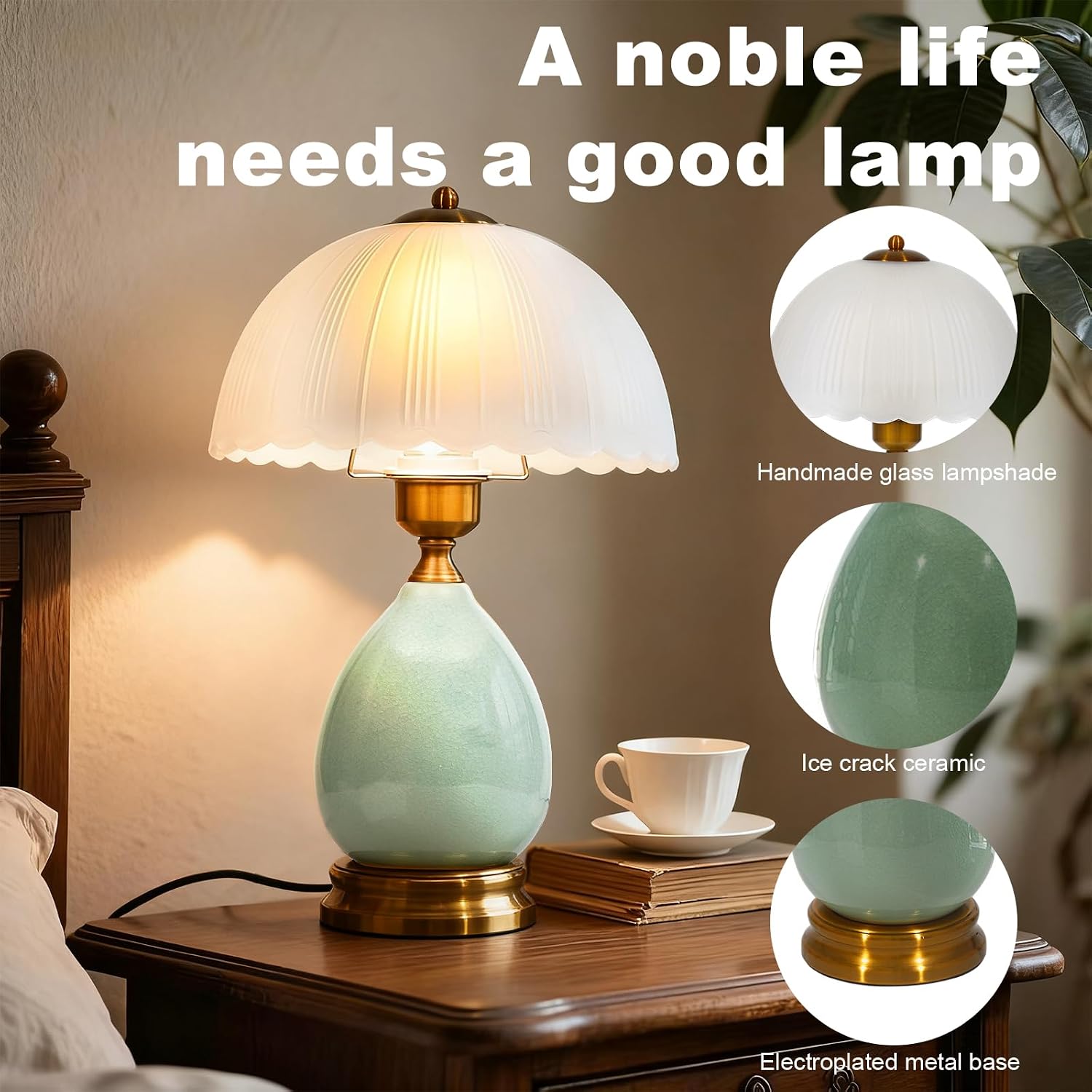 Table Lamps Ceramic Retro Lamp for Living Room,16.73" Modern Bedside Nightstand Traditional Lamps, Classic Chinoiserie Green Glass Lamp…