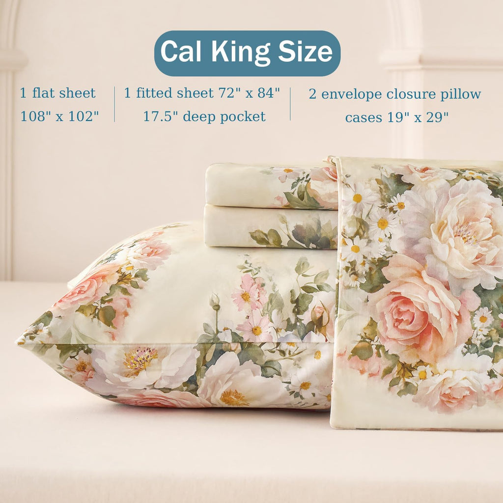 Softtouchsweetdreams Callifornia King Silky Floral Bed Sheets Cream 100% Cotton Blush Pink Rose Printed Sheet Set, Satin Weave Cooling Shee…