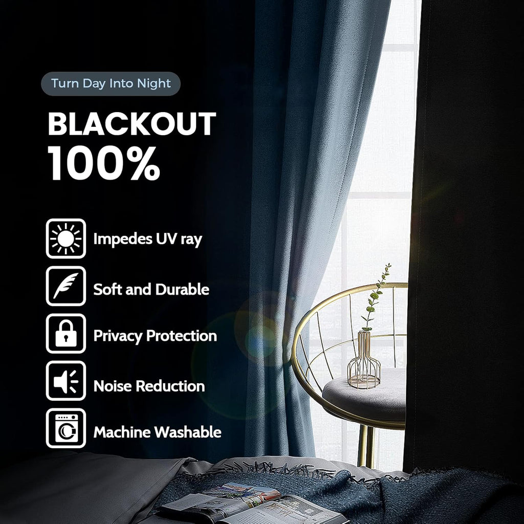 SimpleHome 100% Blackout Curtains for Bedroom, Thermal Insulated Grommet Window Drapes Room Darkening Stone Blue Curtains for Living Room wi…