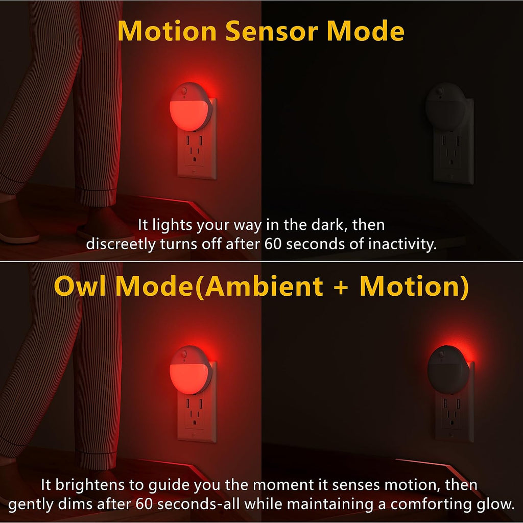 YUNLEX 2 Pack Plug in Red Sleep Night Light with Motion Sensor and Dusk to Dawn Sensor, 3 Modes, Soft Glow, 0% Blue Light True Red…