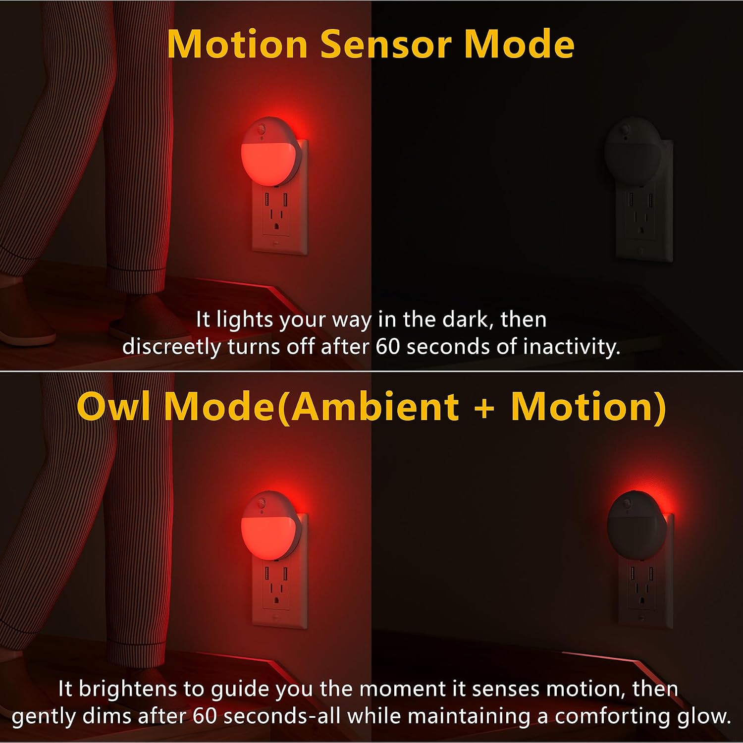 YUNLEX 2 Pack Plug in Red Sleep Night Light with Motion Sensor and Dusk to Dawn Sensor, 3 Modes, Soft Glow, 0% Blue Light True Red…
