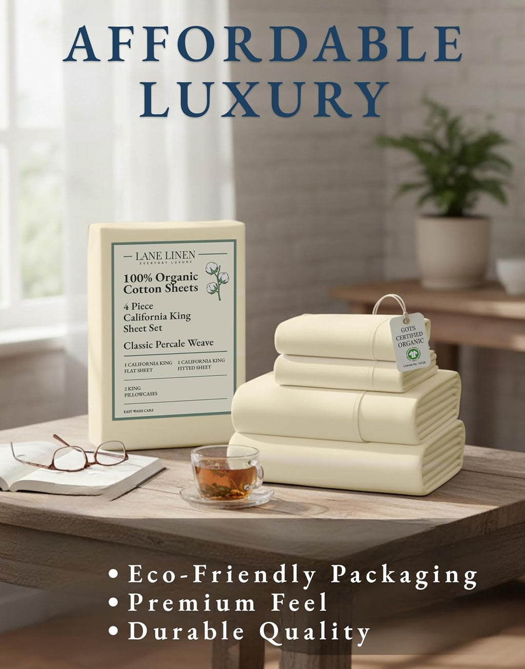 LaneLinen LANE LINEN 100% Organic Cotton California King Sheets Set, 4-Piece Pure Organic Cotton Long Staple Percale Weave Soft Bedding She…