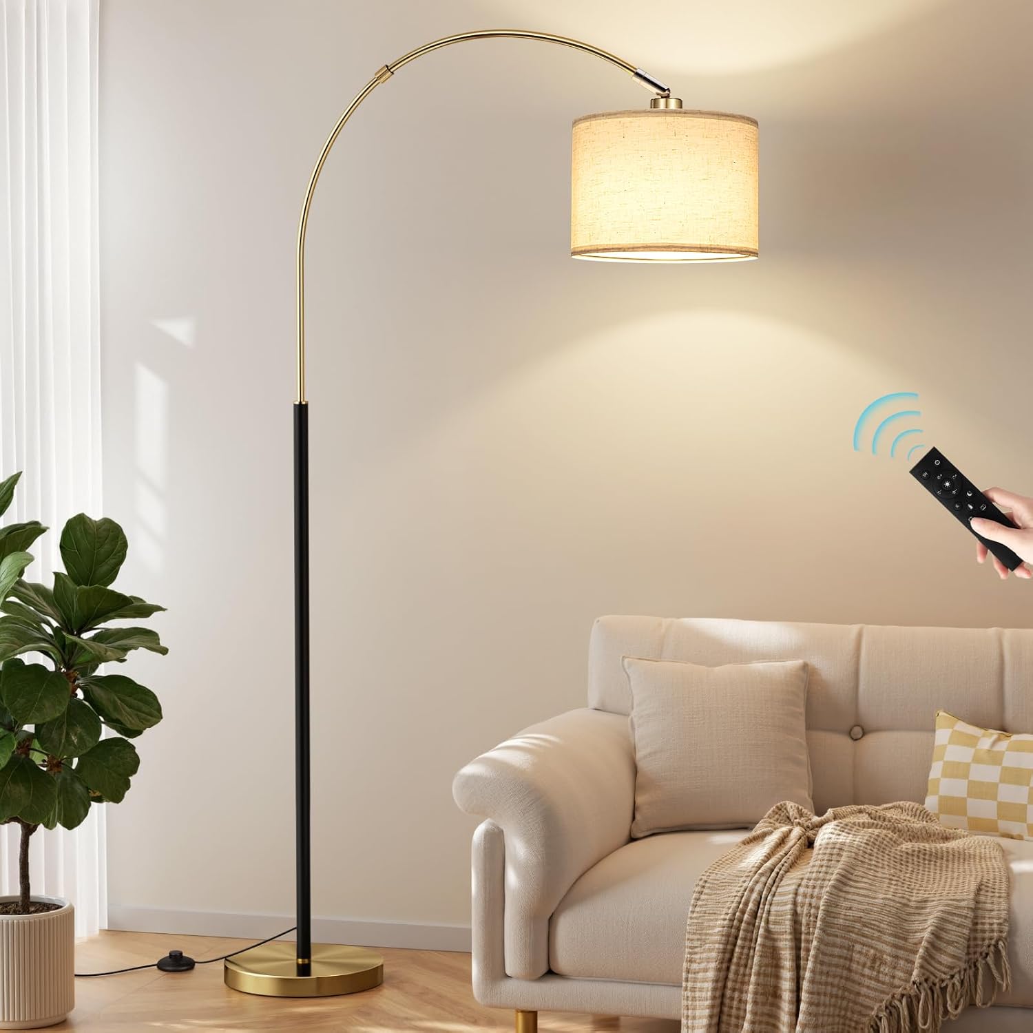 Ambimall Dimmable Arc Floor Lamp with Remote, Color Temperatures and Brightness Adjustable, Arched Floor Lamp with Rotating Head, Over…