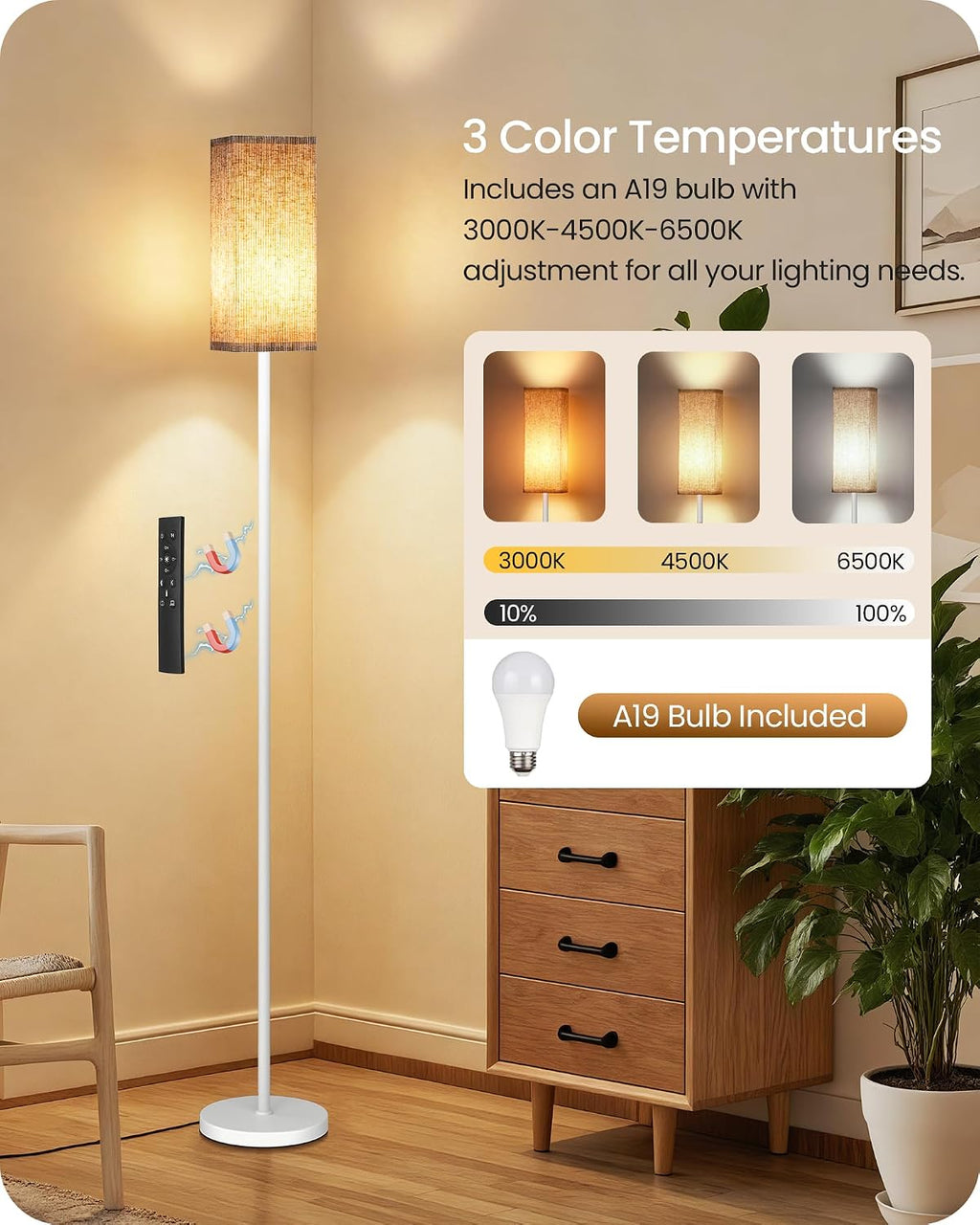 64.2'' Dimmable Floor Lamp for Living Room with Remote and Foot Switch, Corner Floor Lamp for Bedroom, Includes 10W A19 Bulb, Modern…