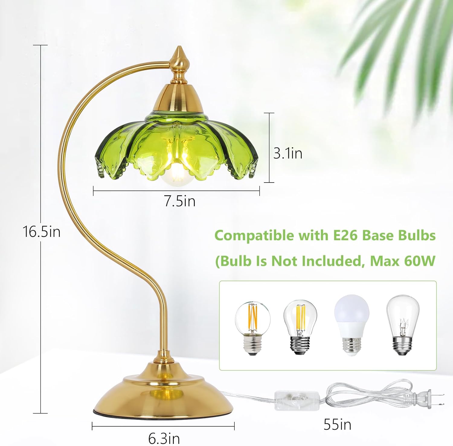 Glass Beside Table Lamp for Bedroom, Plug In Gold Desk Lamp, Vintage Flower Nightstand Lamp, Table Lamps for Living Room, Small Desk…