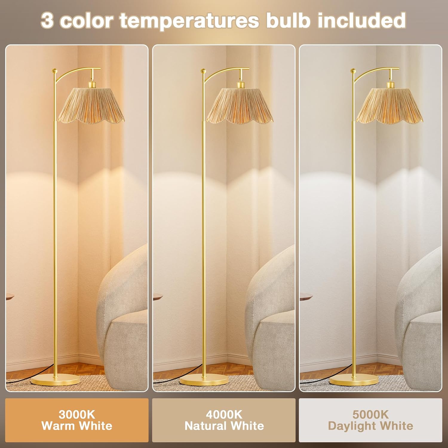 Ambimall 60" Floor Lamps for Living Room with 3 Color Temperatures, Gold Floor Lamp with Rattan Shade, Modern Tall Lamps for Bedroom…