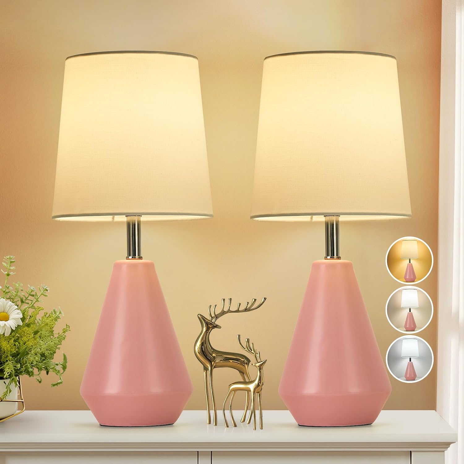 Small Bedside Table Lamp for Bedroom-Reading Desk Lamp Set of 2, with 3 Color Temperatures,15.5" Nightstand Ceramic Lamp with Fabric Shade…
