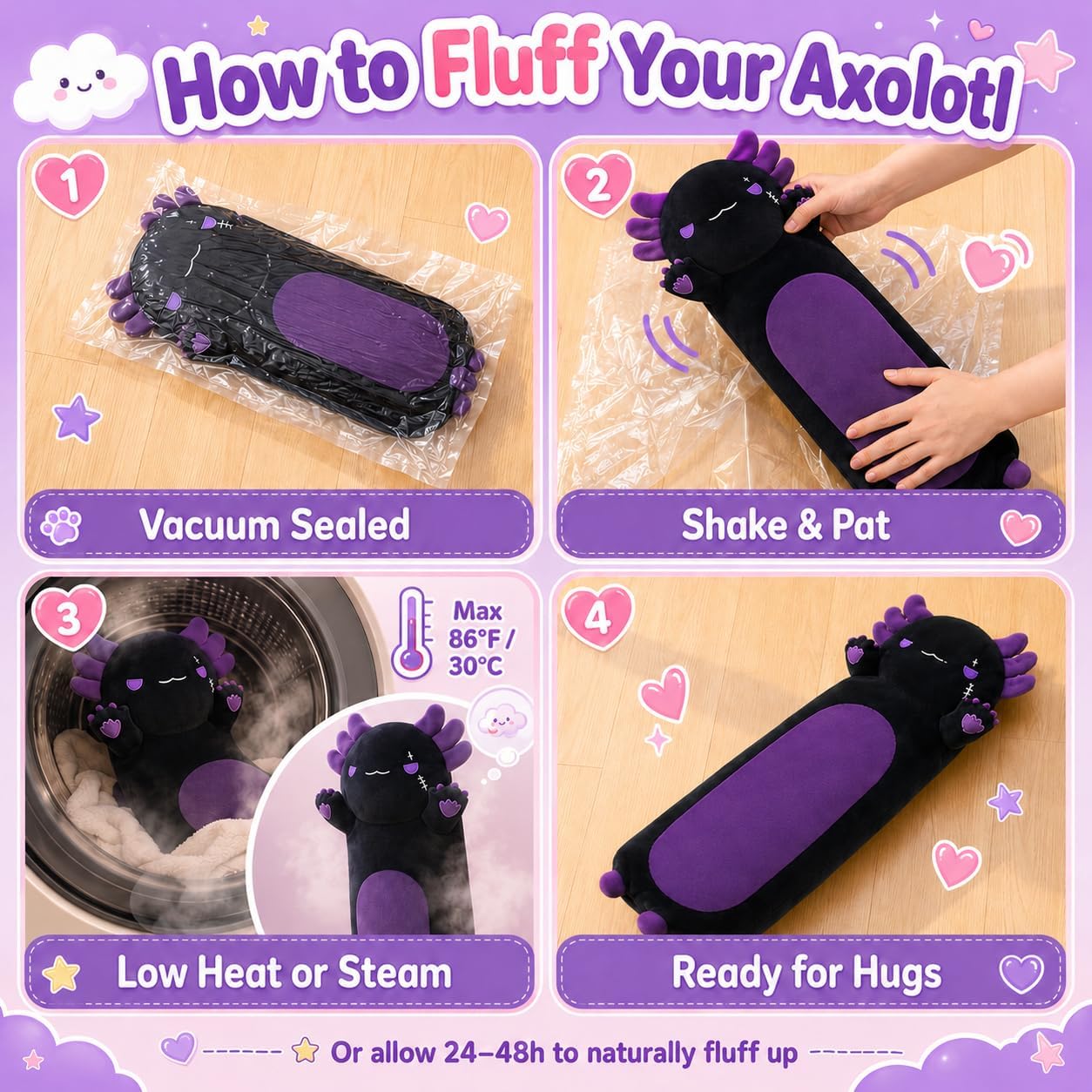 Long Axolotl Stuffed Animals 35.4 Inch, Soft Axolotl Plush Pillow Cute Body Pillow Gifts for Kids Girlfriend, Black&Purple