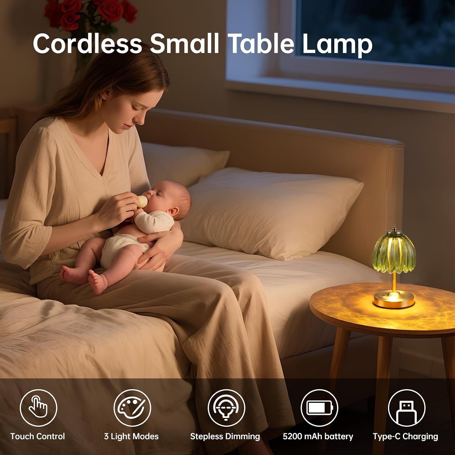 Shenmoyl Set of 2 Tulip Table Lamp with 5200mAh Battery & Touch Control, Cordless Small Table Lamp with 3 Colors, Rechargeable Battery Oper…
