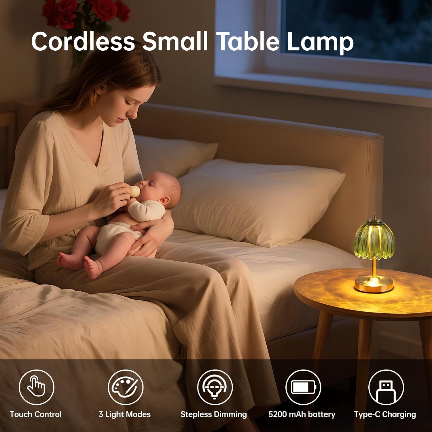 Shenmoyl Tulip Small Table Lamp, 5200mAh Cordless Touch Control Mini Table Lamp with 3 Color Temps & Stepless Dimming, Perfect for Small Sp…
