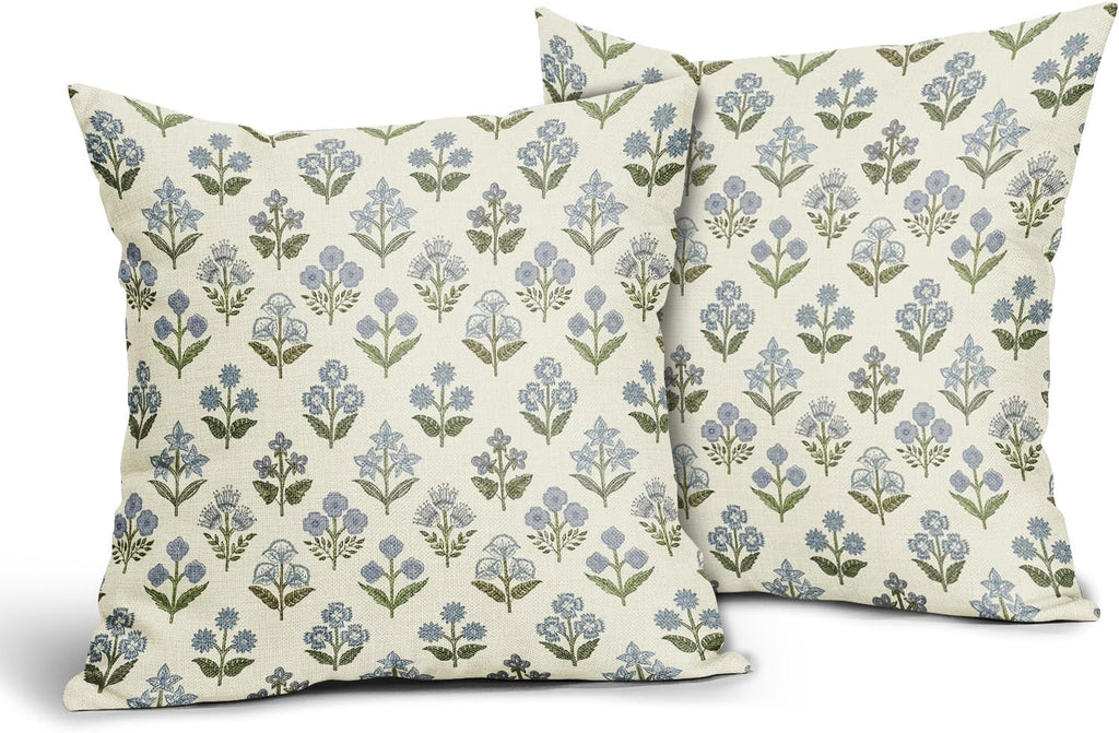 Blue Green Block Print Pillow Covers 20x20 Inch Set of 2, Vintage Floral Spring Decorative Throw Pillow Cases Boho Cushion Covers Rustic…