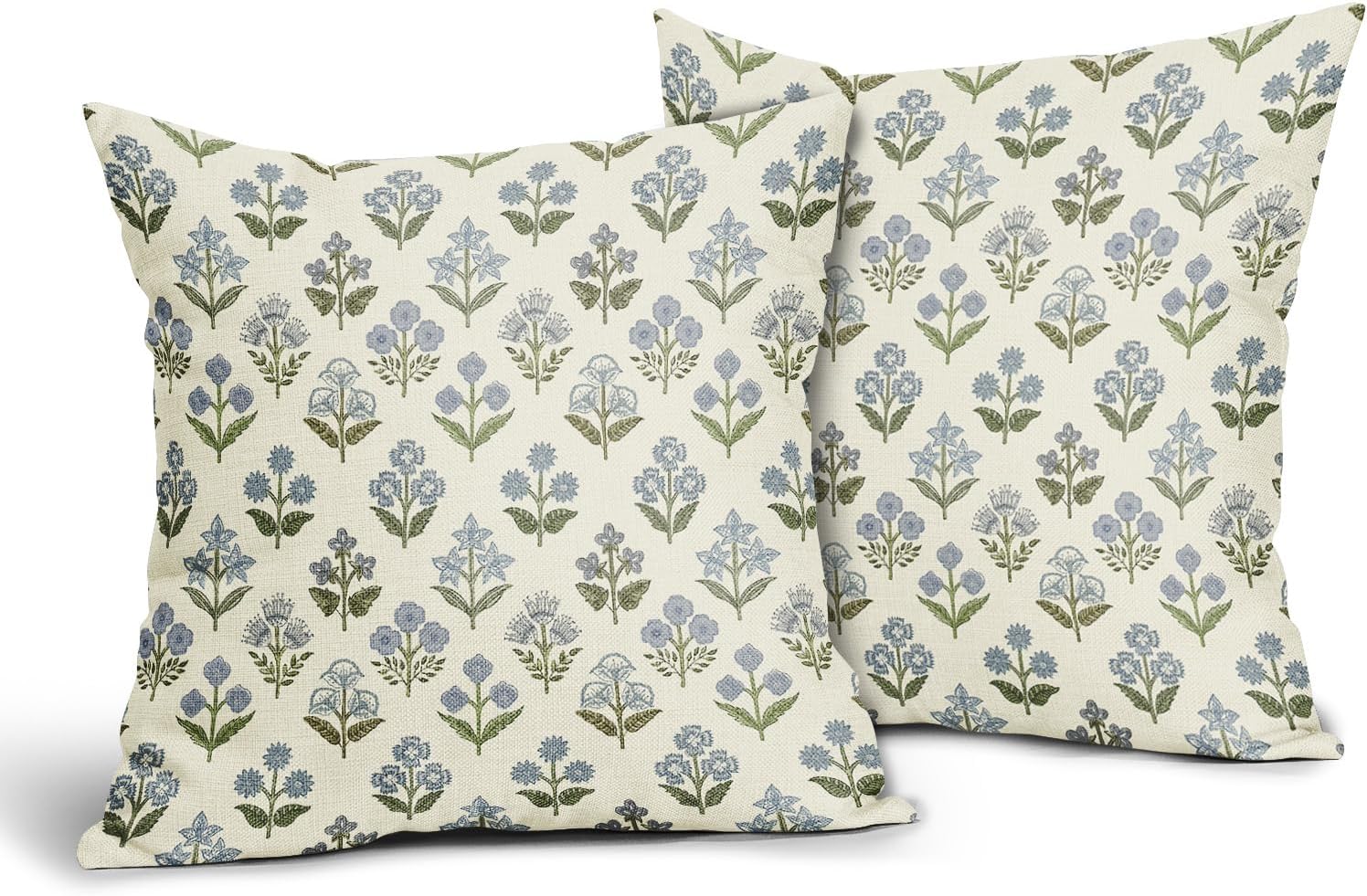 Blue Green Block Print Pillow Covers 20x20 Inch Set of 2, Vintage Floral Spring Decorative Throw Pillow Cases Boho Cushion Covers Rustic…