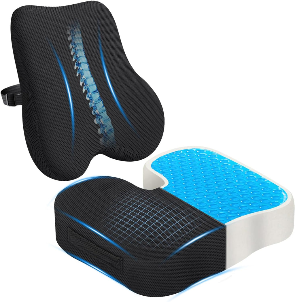 Watshyon Gel Seat Cushion & Lumbar Support Pillow Set, Cooling Memory Foam for Tailbone & Sciatica, Ergonomic Office Chair Cushion…