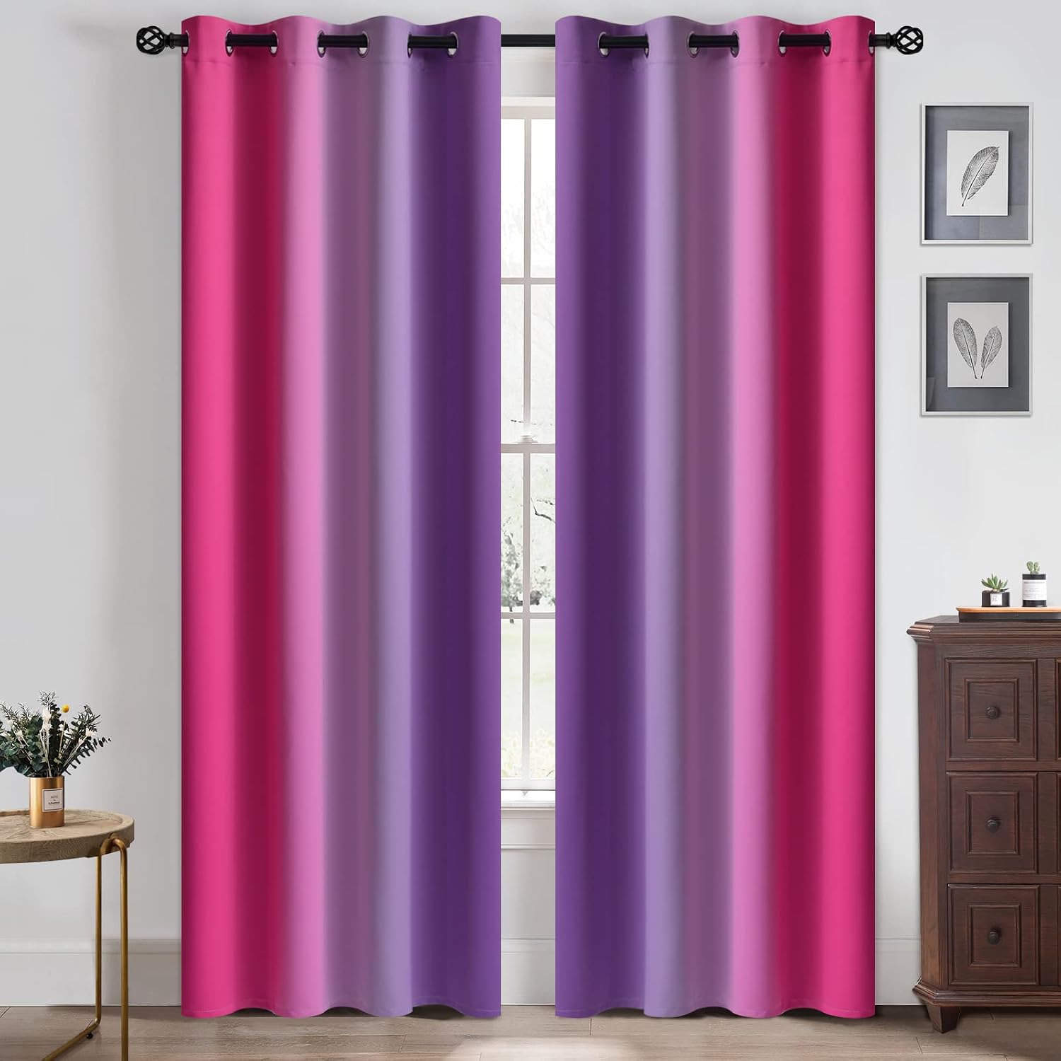 Yakamok Ombre Pink and Purple Curtains for Bedroom, Gradient Room Darkening Curtains, Grommet Thermal Insulated Light Blocking Window Drape…