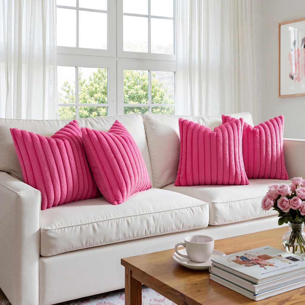 Miulee Faux Fur Plush Decorative Throw Pillow Covers 18x18 Set of 4, Spring Modern Soft Fuzzy Striped Cushion Covers for Sofa Couch Bed Liv…