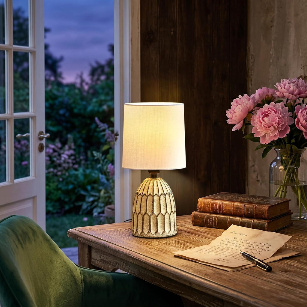 EJIAXIN Small Table Lamp -13.5" Boho Lamp - Bedside Lamps - Farmhouse Rustic Ceramic Table Lamp for Bedroom, Living Room, Nightstand…