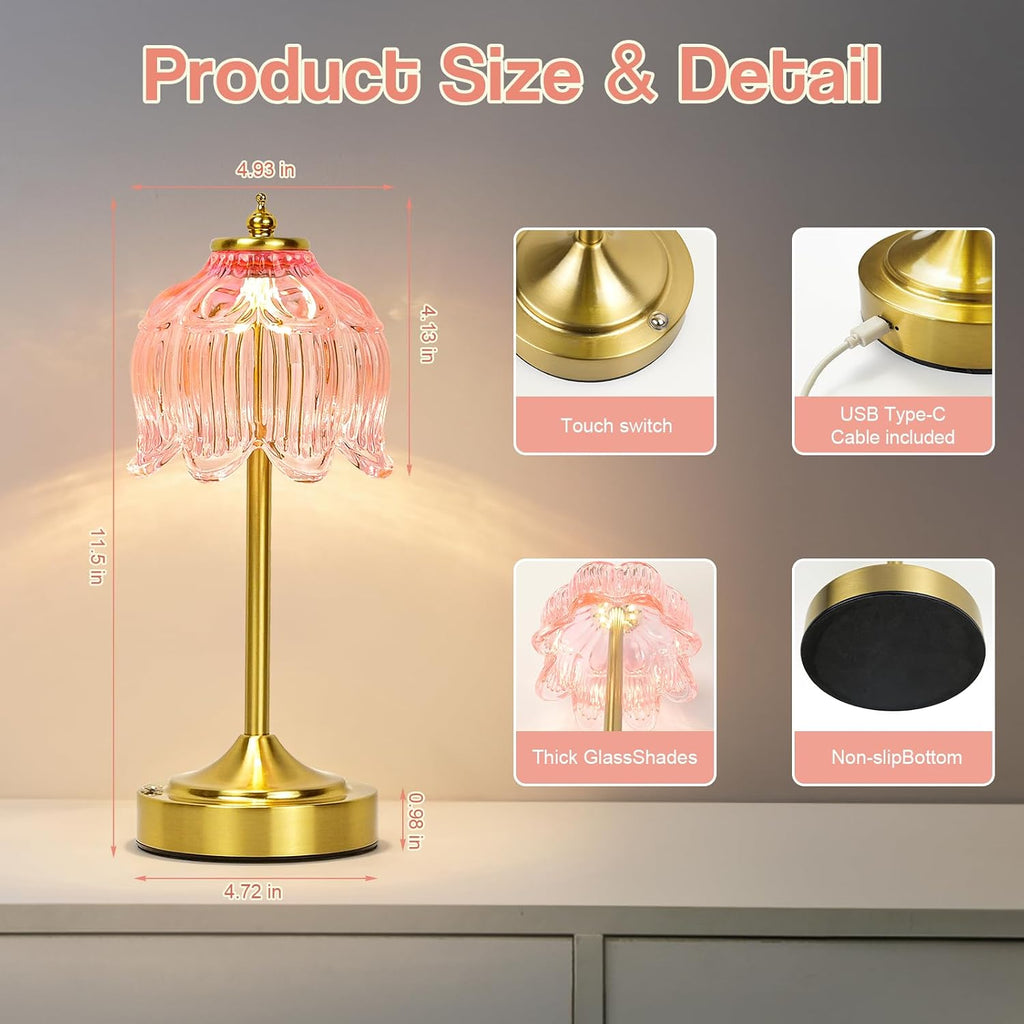Cordless Lotus Flower Table Lamp, 5200mAh Rechargeable Battery Operated Portable Lamp, 3-Color Dimmable Touch Control Small Desk Lamp for…