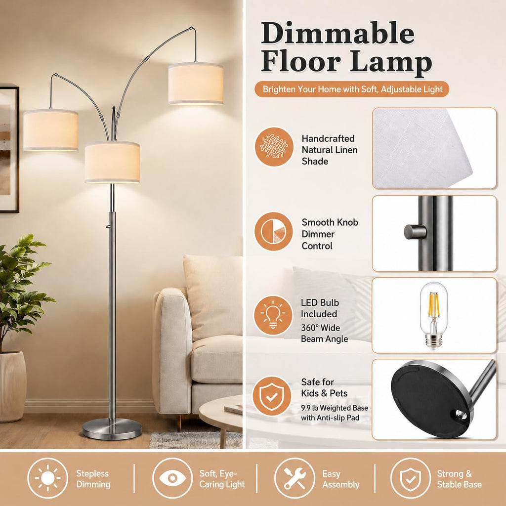 Nintiue Dimmable Floor Lamp - 3 Lights Brushed Nickel Arc Floor Lamps for Living Room,1000LM Modern Tall Standing Lamp with White…