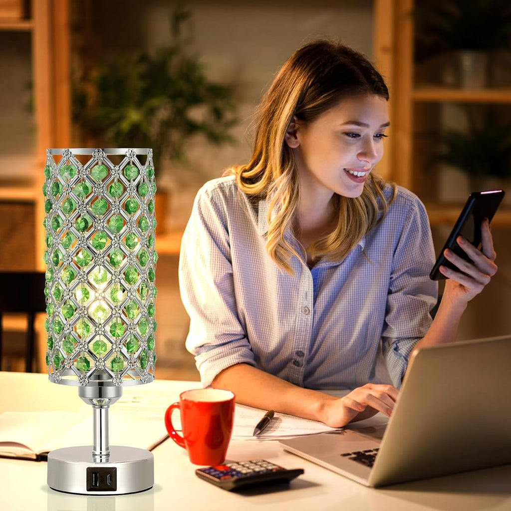 Hong-in Green Crystal Table Lamp - 3-Way Dimmable Touch Control, Bedside Lamp with USB C and A Ports, Nightstand Light for Living Room…