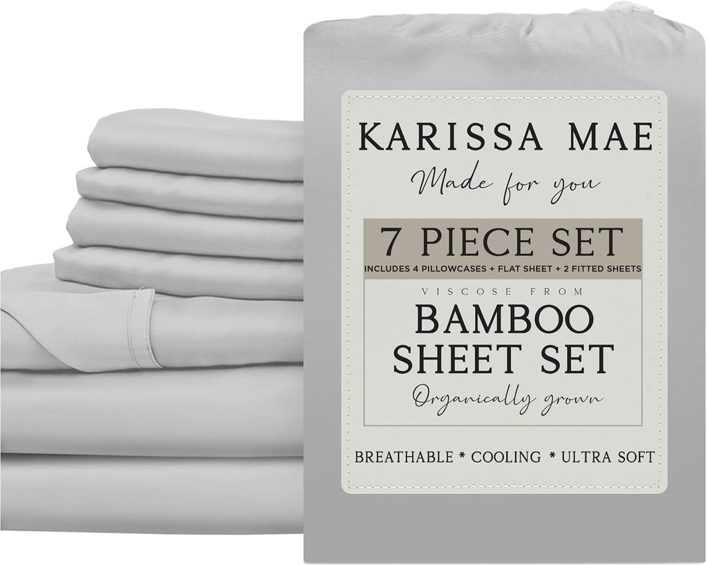 KARISSA MAE 7 Piece Pure Viscose from Bamboo Split King Size Sheet Set | 100% FSC Certified | Luxuriously Soft | Cooling | 18" Deep…
