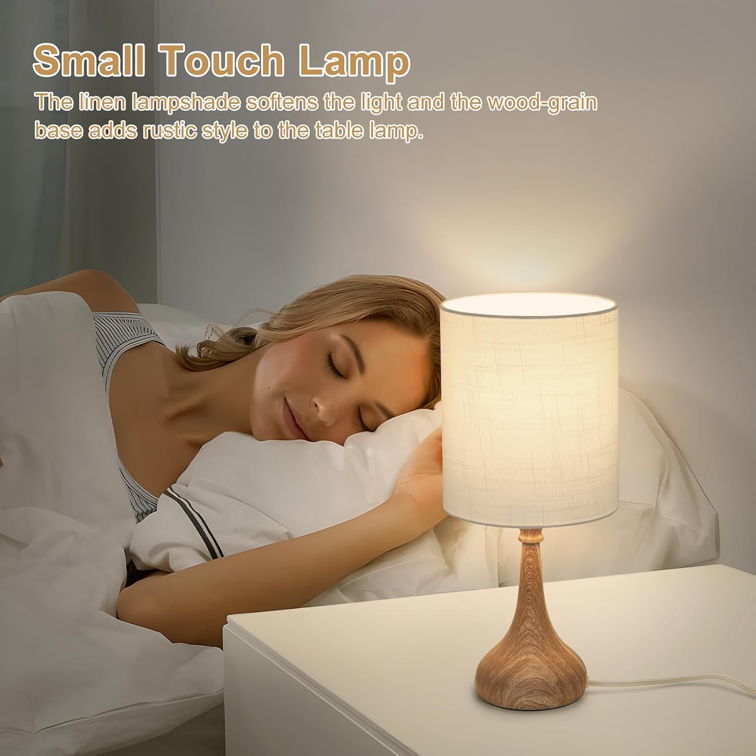 Dimmable Small Table Lamp, Bedside Lamps Touch Control for Bedrooms Nightstand with Wood Grain Base, Desk Lamp Night Light for Office…