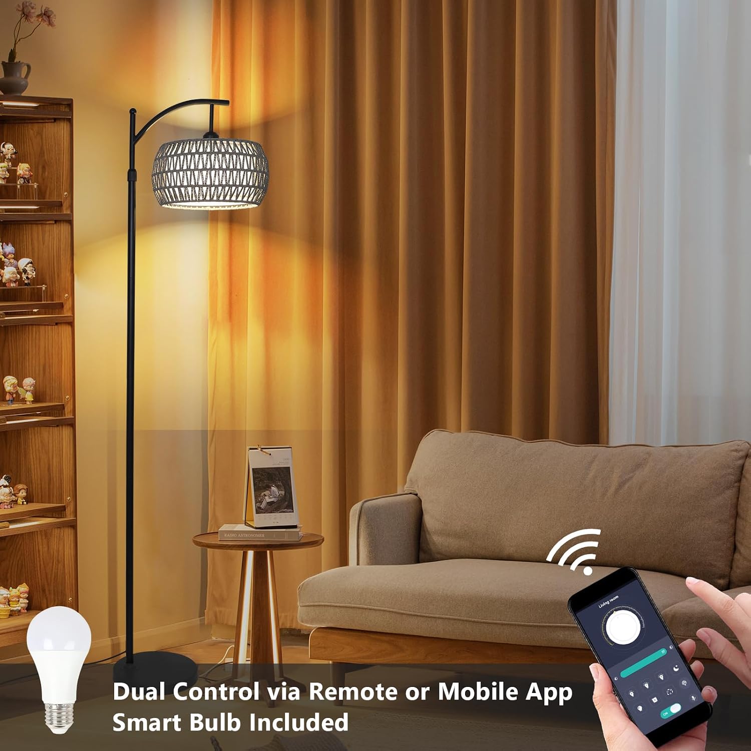 Arc Floor Lamp for Bedroom, Boho Standing Lamp with Remote & LED Smart Bulb, Rattan Floor Lamps for Living Room with 3 Color…