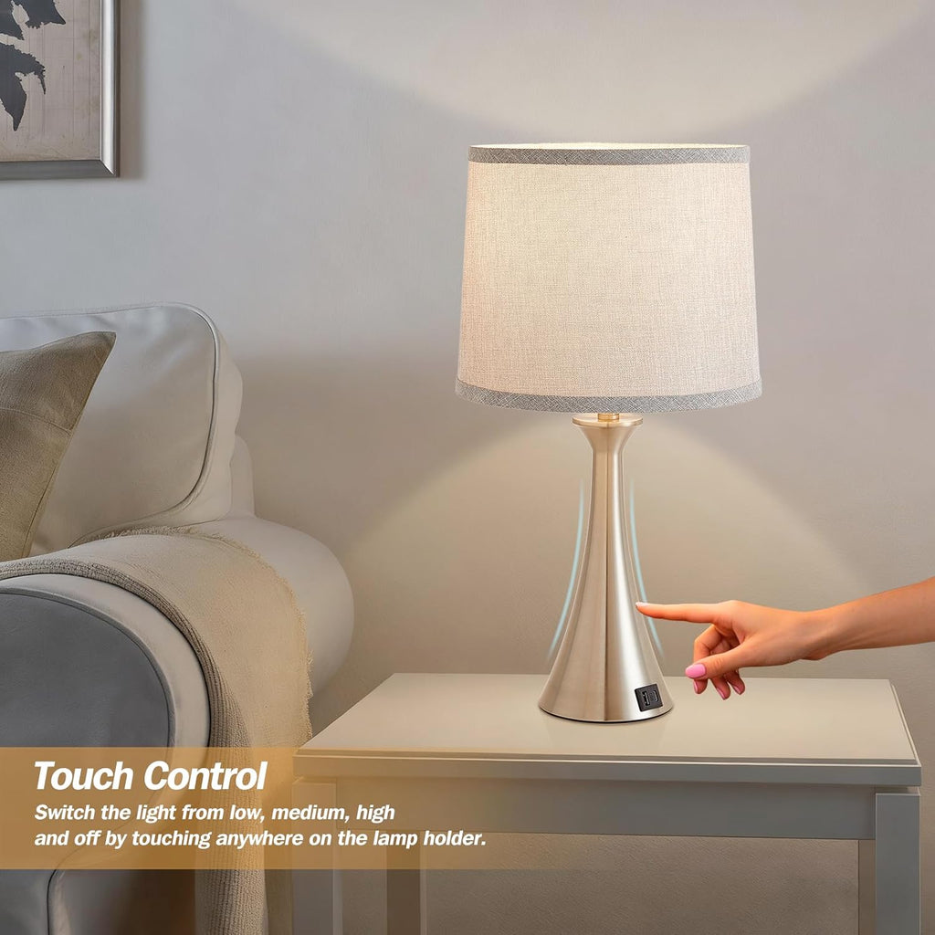 Touch Lamp for Living Room Bedroom, 21" Table Lamps Set of 2 with USB C+A Ports and Grey Lamp Shades, Touch Bedside Lamps for Nightstand…