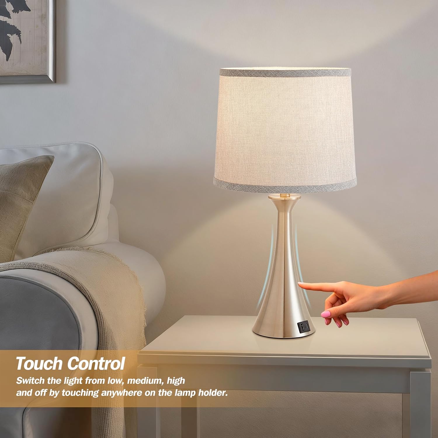 Touch Lamp for Living Room Bedroom, 21" Table Lamps Set of 2 with USB C+A Ports and Grey Lamp Shades, Touch Bedside Lamps for Nightstand…