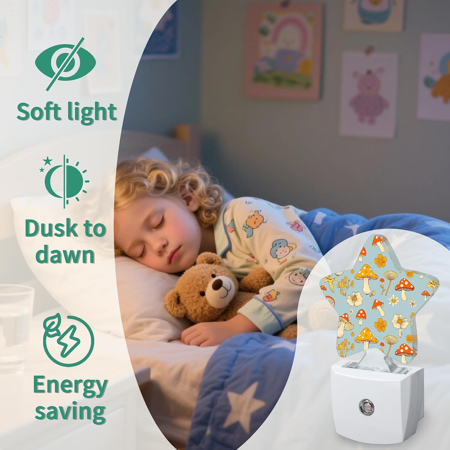 Star Night Light Plug in, Spring Mushroom Dusk to Dawn Sensor Night Light, Soft Glow Lamp for Kids Bedroom Nursery Hallway Bathroom…
