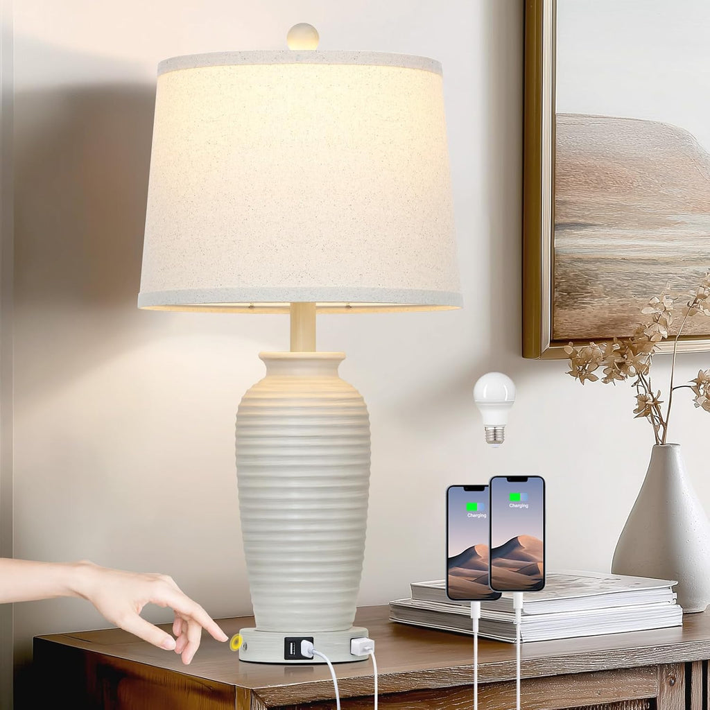 CINSARY 25" Vintage Farmhouse Jar Table Lamps, Single Rustic Bedside Lamp with USB A+C Ports & AC Outlet, Nightstand Lamps for Living…