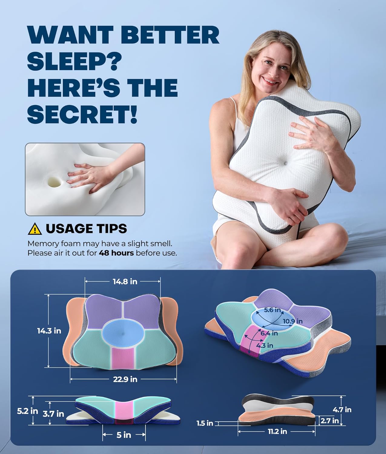 Latree 5X Cervical Neck Pillow for Neck Support, Ergonomic Cooling Side Sleeper Pillow for Sleeping, Odorless Contour Memory Foam Pi…