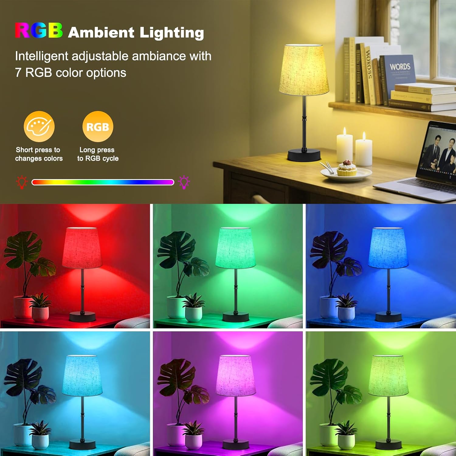 Wowag Cordless Table Lamp,5000mAh Rechargeable Battery Operated Desk Lamp,3 Colors & 7 RGB Stepless Dimmable, Portable Wireless Touch…