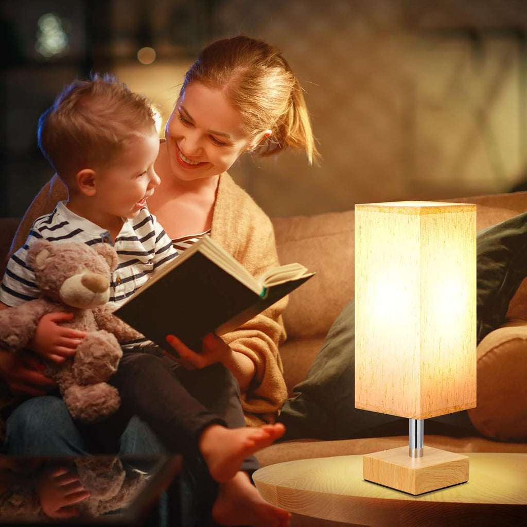 aooshine Wood Grain Table Lamp for Bedroom - Bedside Lamp for Nightstand, Minimalist Night Stand Light Lamp with Square Fabric Shade…