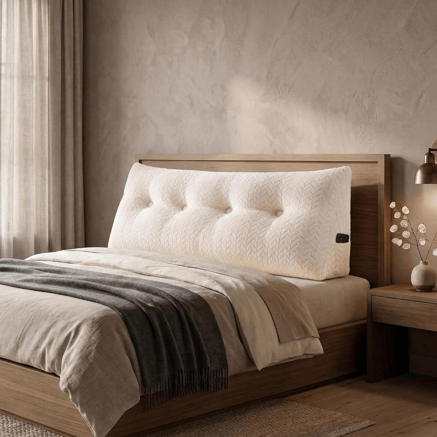 Headboard Pillow Full Size, Reading Pillow for Bed, Leaf Pattern Wedge Pillow, Tufted Backrest Support, Headboard Substitute, Beige
