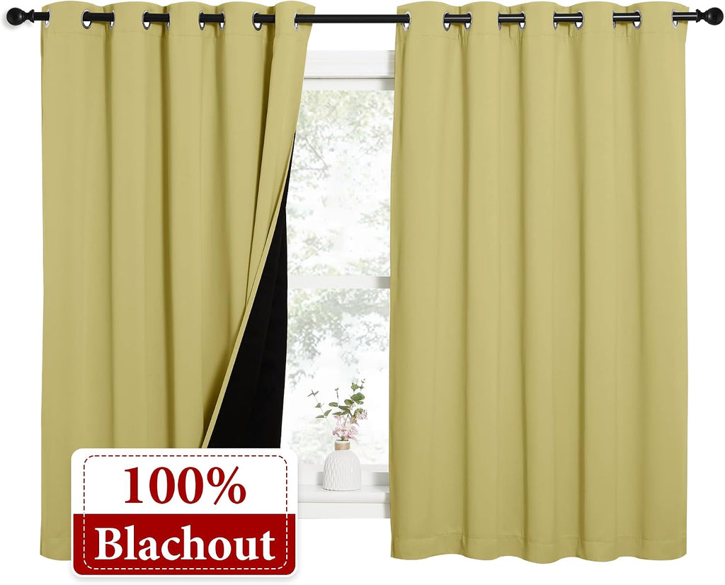 Nicetown 100% Blackout Curtains with Black Liners, Thermal Insulated Full Blackout 2-Layer Lined Drapes, Energy Efficiency Window Draperies…