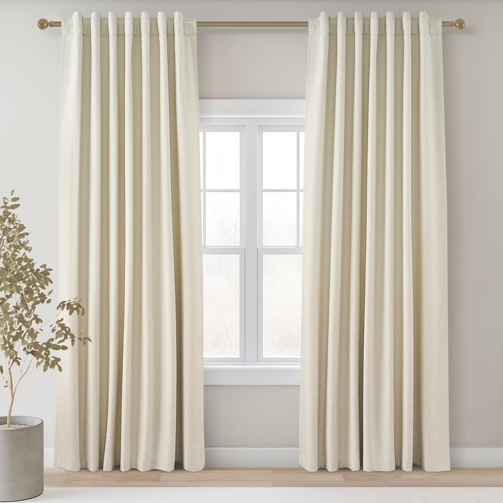 Topfinel Cream Ivory Blackout Curtains & Drapes 84 Inch Length, Beige Pinch Pleat Full Blackout Flax Linen Tab Top Soundproof Curtains with…