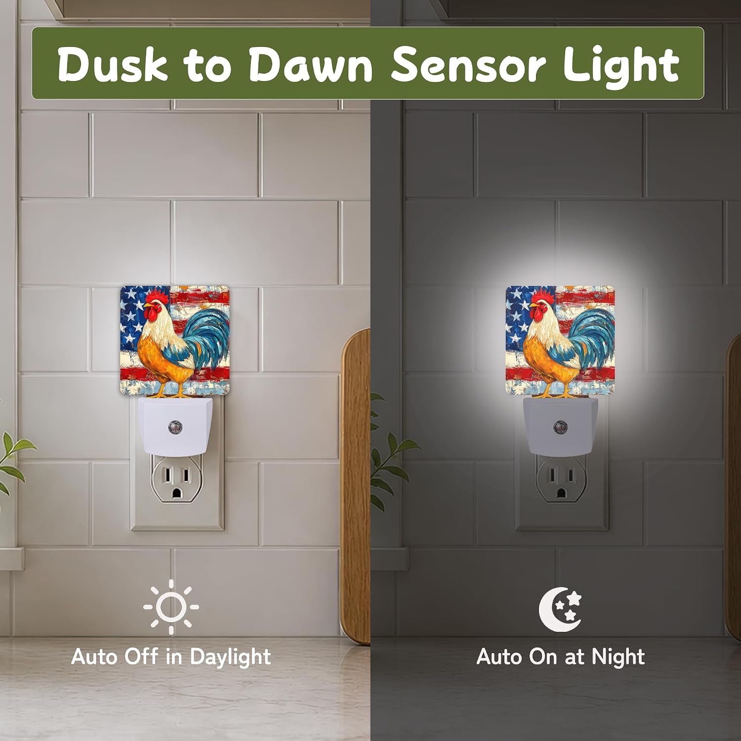 Night Light, Patriotic Rooster Flag Night Lights Plug into Wall Decor for Bedroom Bathroom Hallway Kitchen, Dusk to Dawn Sensor Gift for…